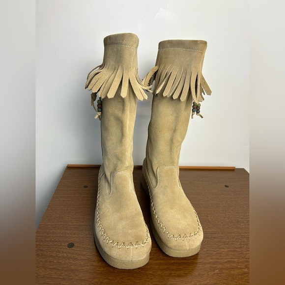 VTG Y2k Report Dubai Tan Suede Genuine leather Shoes Fringe platform Size 9 Wome - Picture 2 of 16